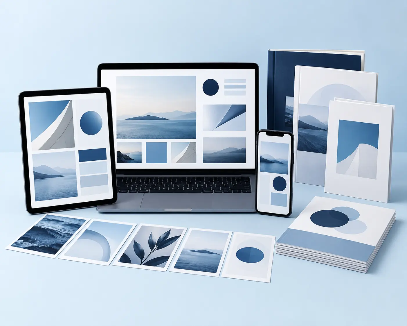 The RIZZEM Canva course displayed across a laptop, tablet, phone and workbooks